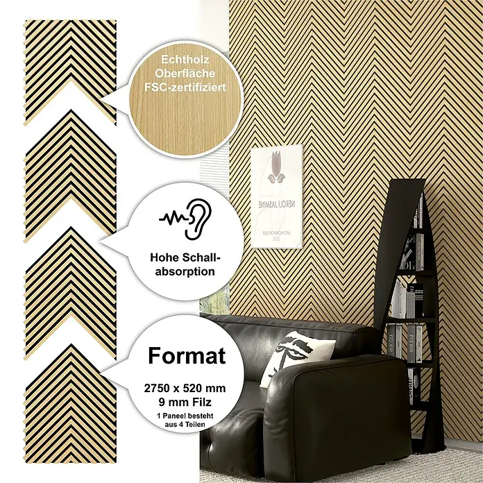 Sonido Akustikpaneel Herringbone - New Light Oak, L x B x S: 2.750 x 520 x 18 mm - Wandpaneele aus Echtholz mit FSC-Zertifizierung, hoher Schallabsorption und den Maßen 2750 x 520 mm.