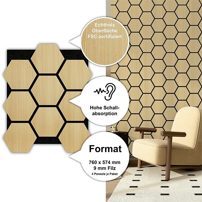 Sonido Akustikpaneel Hexagon (New Light Oak, L x B x S: 760 x 574 x 18 mm, 4 Stk.) | BAUHAUS