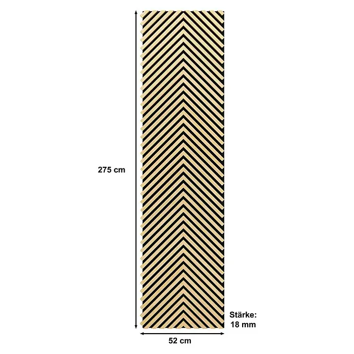 Sonido Akustikpaneel Herringbone - New Light Oak, L x B x S: 2.750 x 520 x 18 mm - Bild eines Akustikpaneels mit den Maßen 275 cm x 52 cm und einer Stärke von 18 mm. Das Paneel hat ein Zickzackmuster aus hellen Holzleisten auf dunklem Untergrund.