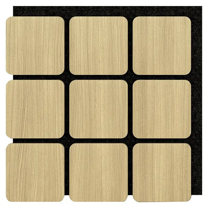 Sonido Akustikpaneel Quadrum - New Light Oak, L x B x S: 600 x 585 x 18 mm, 4 Stk. - Neun quadratische Holzpaneele mit abgerundeten Ecken auf dunklem Hintergrund. Ideal für Wandverkleidung oder Dekoration mit natürlicher Optik.
