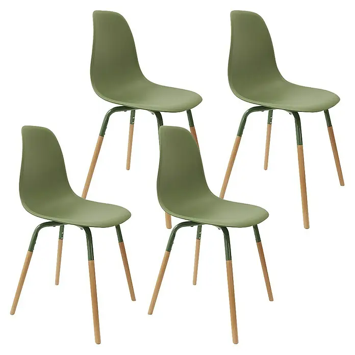 Silla Phenix - Verde, 4 pzs. - Juego de cuatro modernas sillas de comedor verde oliva con patas de madera y diseño elegante.
