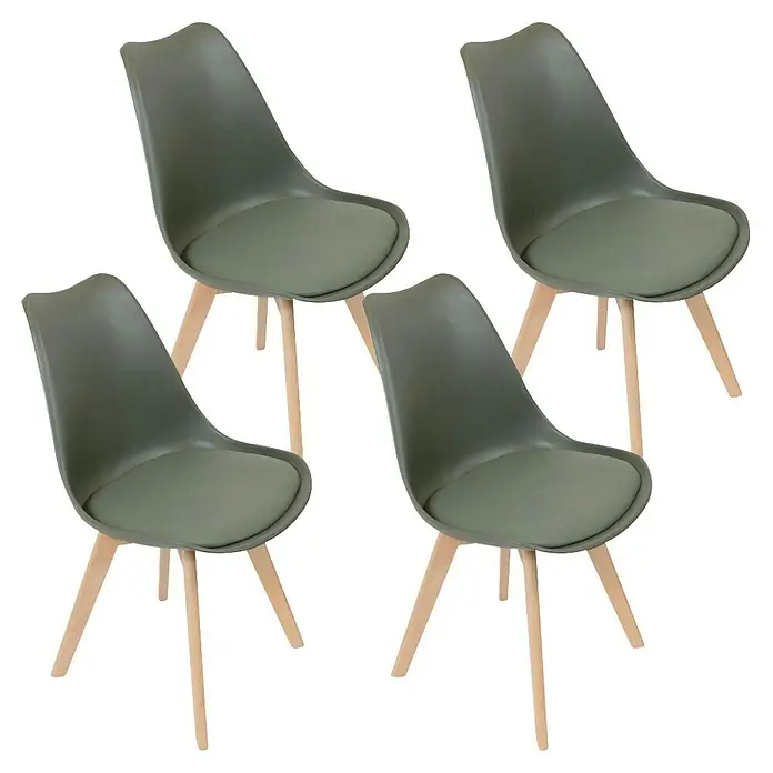 Silla Copenhague - Caqui, 4 pzs. - Esta imagen muestra cuatro sillas de comedor modernas de color verde oliva con patas de madera sobre un fondo negro.