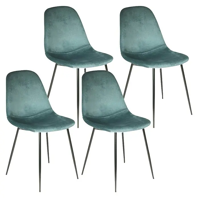 Silla Giulia - Azul, 4 pzs. - Juego de cuatro sillas de comedor modernas tapizadas en pana verde azulado con elegantes patas de metal. Perfecto para una vida elegante.