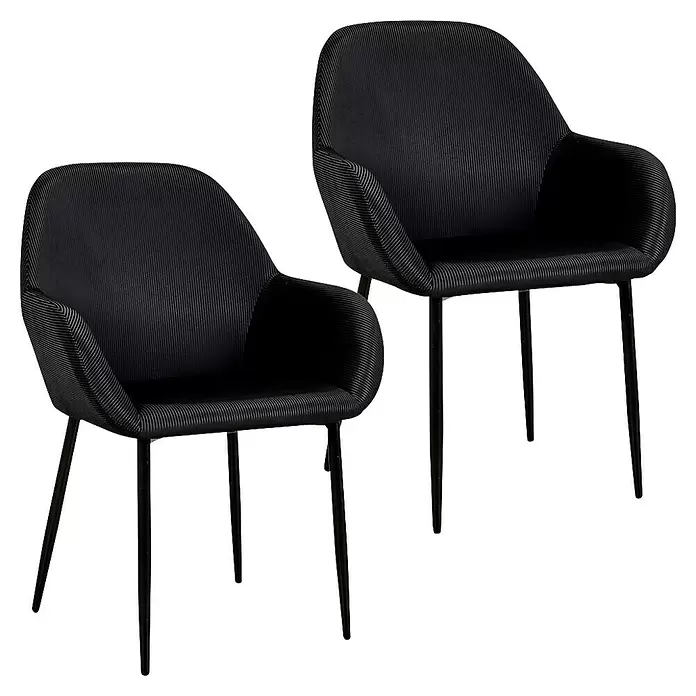 Silla butaca Giulia - Negro, 2 pzs. - Dos sillas negras con tapicería acanalada y patas negras delgadas.