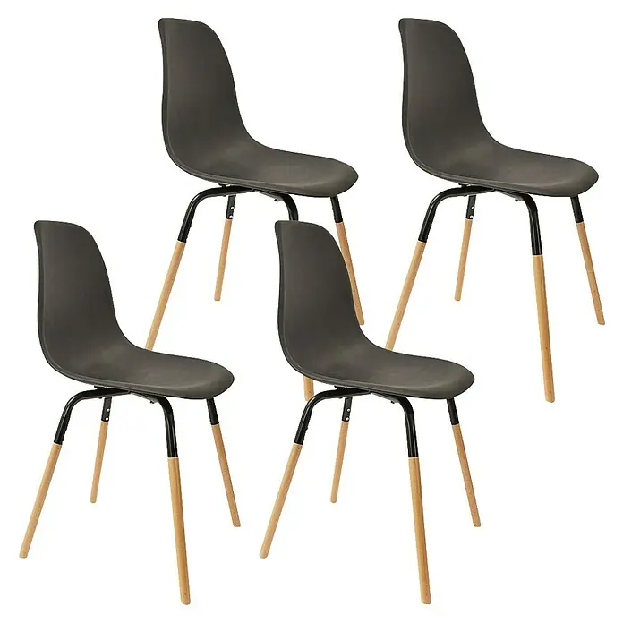 Silla Phenix - Negro, 4 pzs. - Imagen de cuatro sillas negras con patas de madera sobre fondo negro.