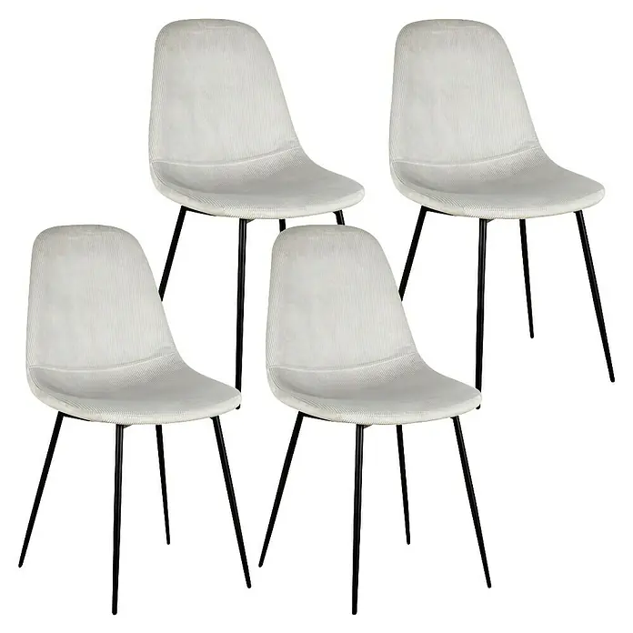 Home Deco Factory Silla Giulia - Gris claro, 4 pzs. - Esta imagen muestra cuatro sillas de comedor modernas con tapicería de pana blanca y patas de metal negro elegantes. Un juego de muebles con mucho estilo.