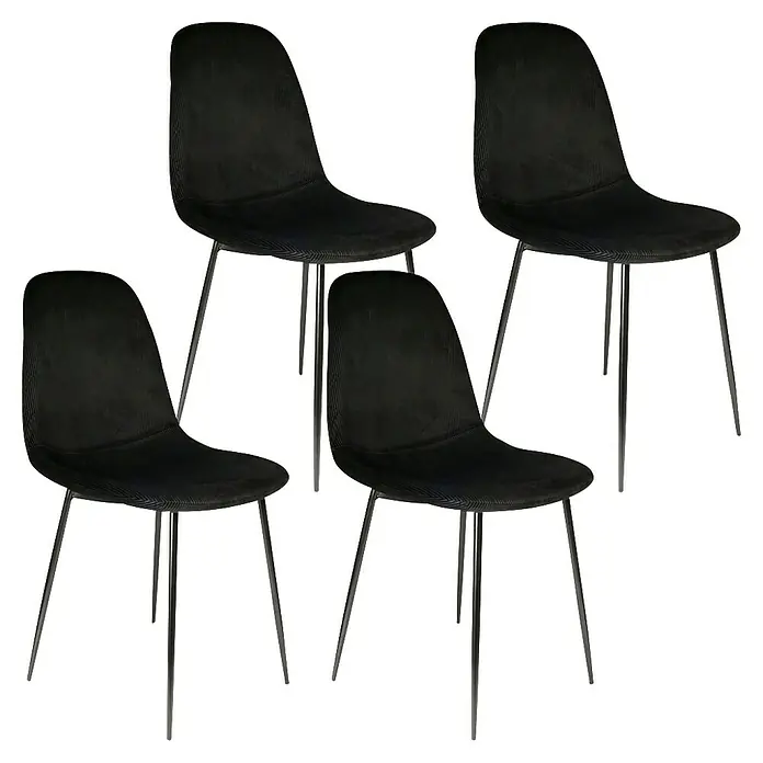 Home Deco Factory Silla Giulia - Negro, 4 pzs. - Cuatro sillas de pana negra con patas de metal sencillas están dispuestas elegantemente, la textura enfatizando el diseño moderno.