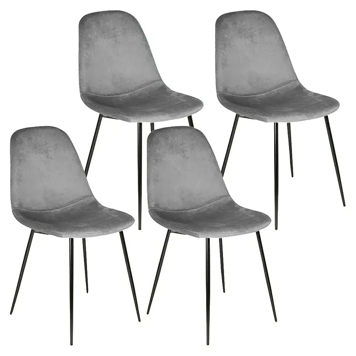 Home Deco Factory Silla Giulia - Gris oscuro, 4 pzs. - Vista de cuatro sillas de pana grises con patas metálicas negras que aportan un toque elegante y moderno.
