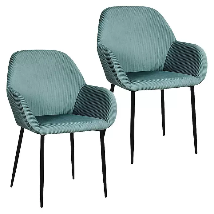 Home Deco Factory Silla butaca Giulia - Azul, 2 pzs. - Dos sillones de terciopelo acanalado azul claro con patas de metal negro.