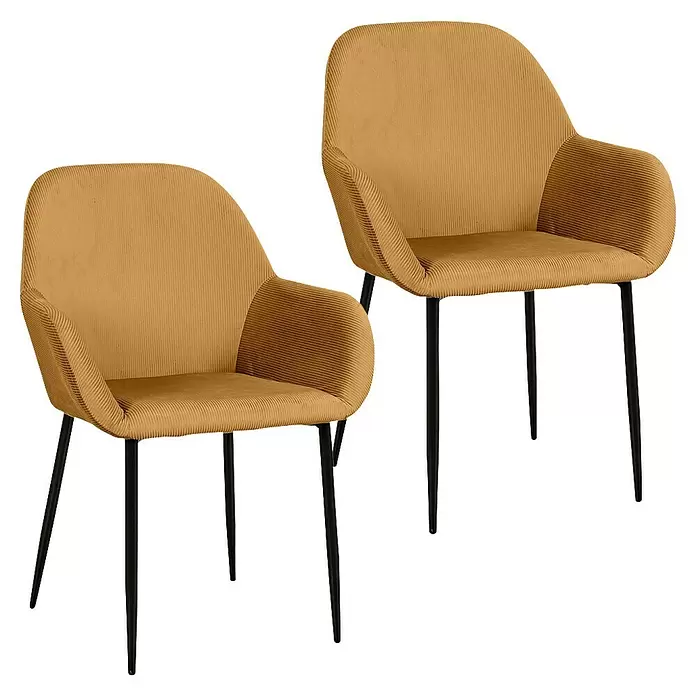 Home Deco Factory Silla butaca Giulia - Mostaza, 2 pzs. - Dos sillas de comedor de pana amarilla mostaza con patas de metal negro.