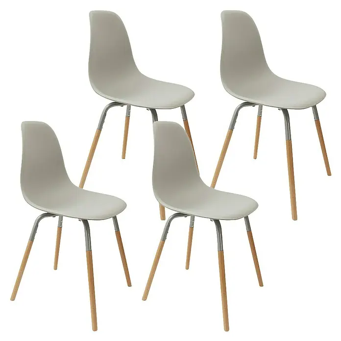Home Deco Factory Silla Phenix - Gris, 4 pzs. - Un conjunto de cuatro elegantes y modernas sillas de comedor en un tono neutro con patas de madera y estructura metálica.