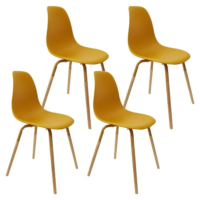 Silla Phenix - Mostaza, 4 pzs. - Cuatro modernas sillas color mostaza con patas de madera sobre fondo negro. Un conjunto de muebles elegante y práctico para comedor u oficina.