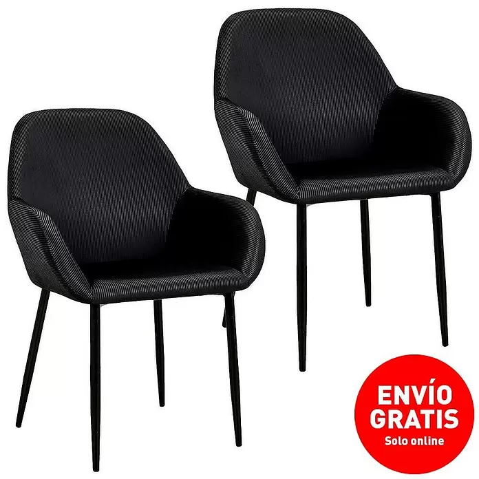 Silla butaca Giulia - Negro, 2 pzs. - Dos sillas de comedor tapizadas negras con tejido acanalado y patas de metal negro.