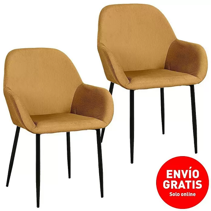 Home Deco Factory Silla butaca Giulia - Mostaza, 2 pzs. - Dos sillas amarillo mostaza con tapicería de tela acanalada y patas de metal negras.