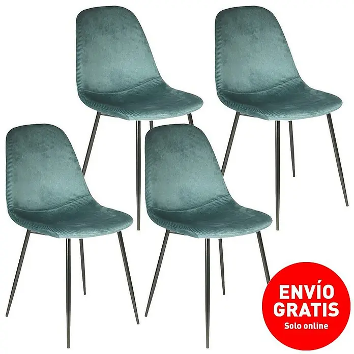 Silla Giulia - Azul, 4 pzs. - Imagen de cuatro modernas sillas tapizadas color petróleo con patas metálicas negras, ideales para comedor o cocina.