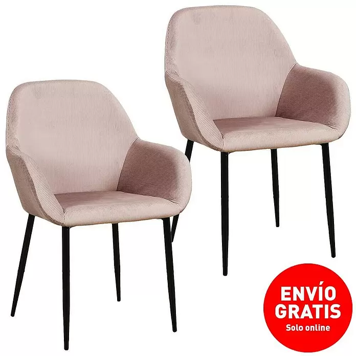 Silla butaca Giulia - Rosa, 2 pzs. - Dos sillas de comedor de pana rosa con patas de metal negro.