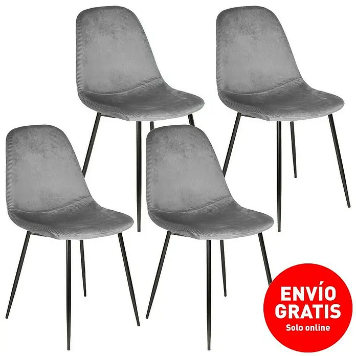 Home Deco Factory Silla Giulia - Gris oscuro, 4 pzs. - Imagen de cuatro sillas de comedor grises con patas negras. Diseño elegante para comedor o cocina.