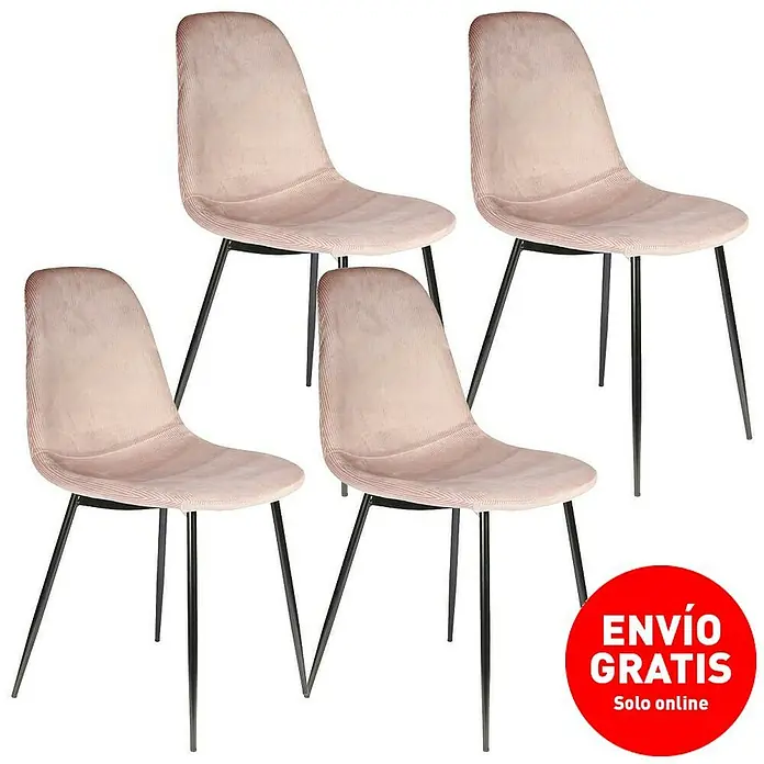 Silla Giulia - Rosa, 4 pzs. - Cuatro sillas de pana rosa con patas de metal negro. Un diseño acogedor para el comedor o la cocina, con envío gratis online!