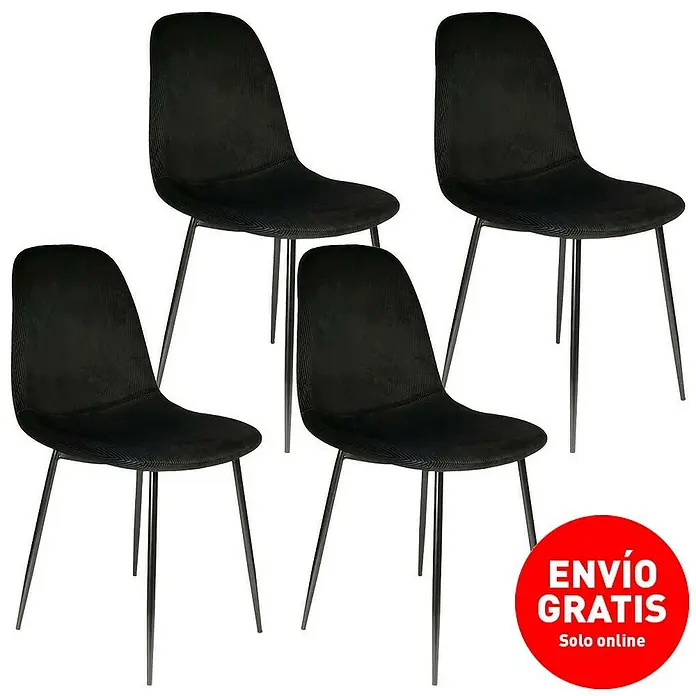 Home Deco Factory Silla Giulia - Negro, 4 pzs. - Cuatro sillas de comedor negras con un diseño minimalista y patas de metal, ideales para comedores modernos.