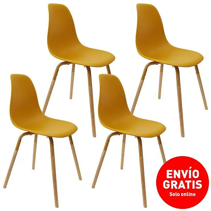 Silla Phenix - Mostaza, 4 pzs. - Imagen de cuatro sillas modernas color mostaza con patas de madera, perfectas para comedor o cocina, elegantes y cómodas.