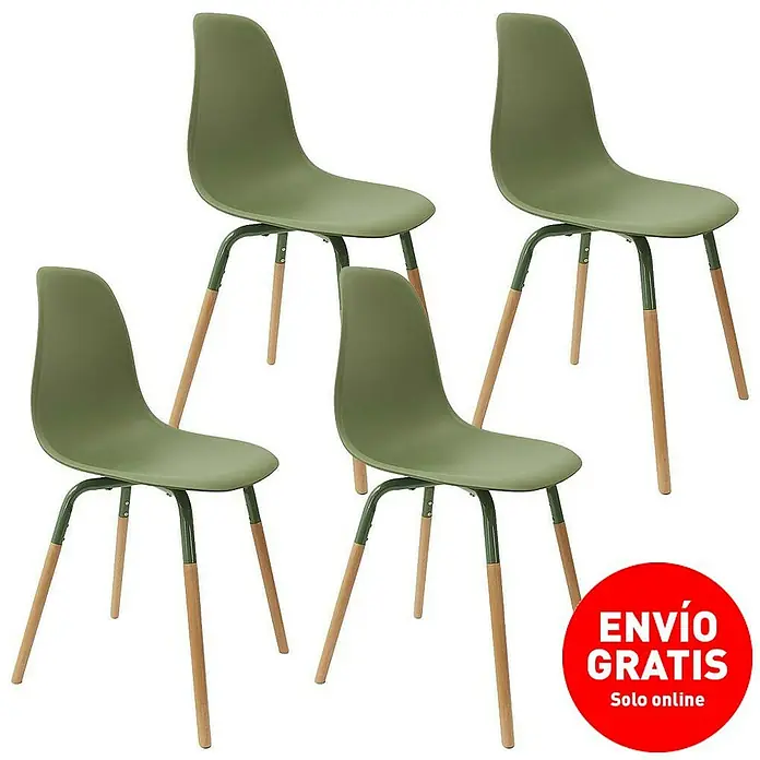 Silla Phenix - Verde, 4 pzs. - Juego de cuatro sillas de comedor verde oliva con diseño escandinavo, patas de madera y estructura metálica.