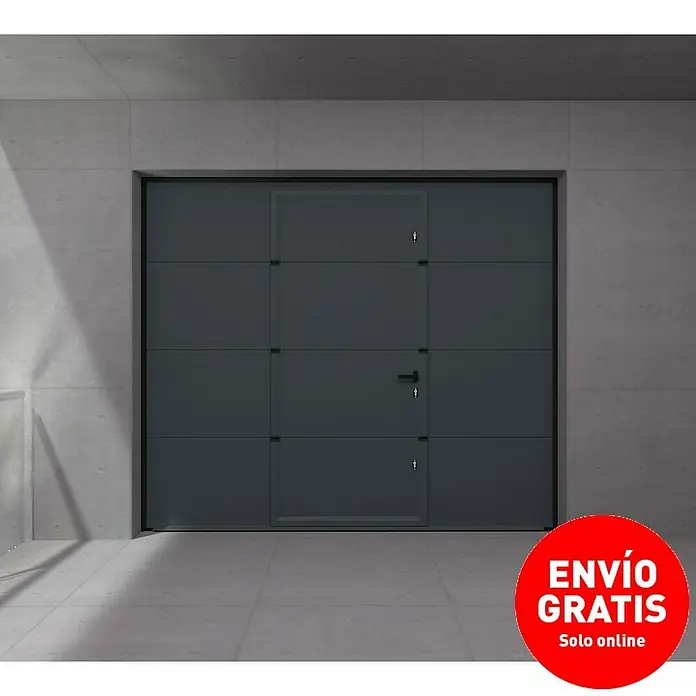Solid Elements Puerta de garaje seccional PRO - 250 x 212,5 cm, Gris antracita, Peatonal - Se muestra una puerta de garaje gris moderna con puerta peatonal integrada, ideal para diseños de casas contemporáneas.