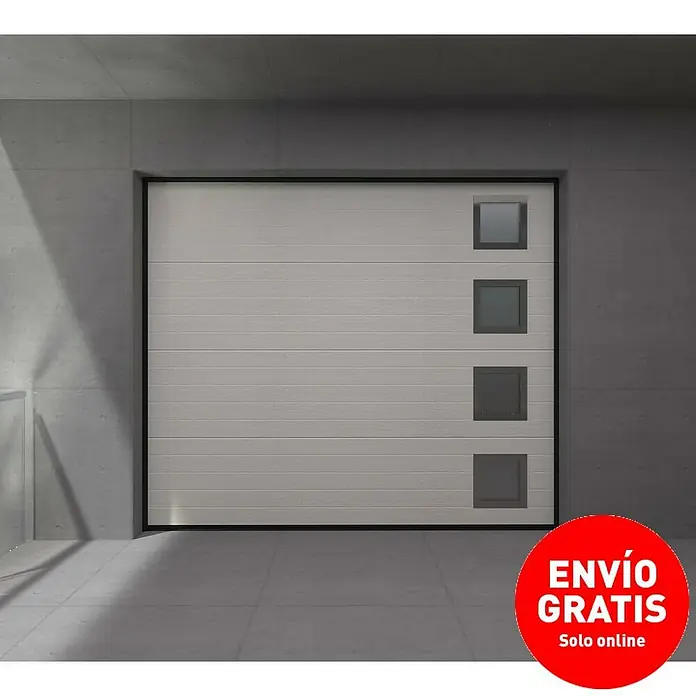Solid Elements Puerta de garaje seccional PRO - 250 x 212,5 cm, Blanco, Acanalada 4 ventanas verticales - Una puerta de garaje con paneles horizontales y ventanas cuadradas. Ofrece una solución moderna y segura para cualquier garaje.