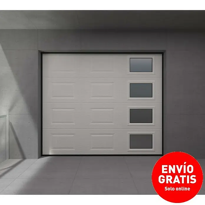 Solid Elements Puerta de garaje seccional PRO - 250 x 212,5 cm, Blanco, Cuarterón 4 ventanas vertical - Puerta de garaje moderna con diseño elegante y detalles de ventanas para más luz y confort.