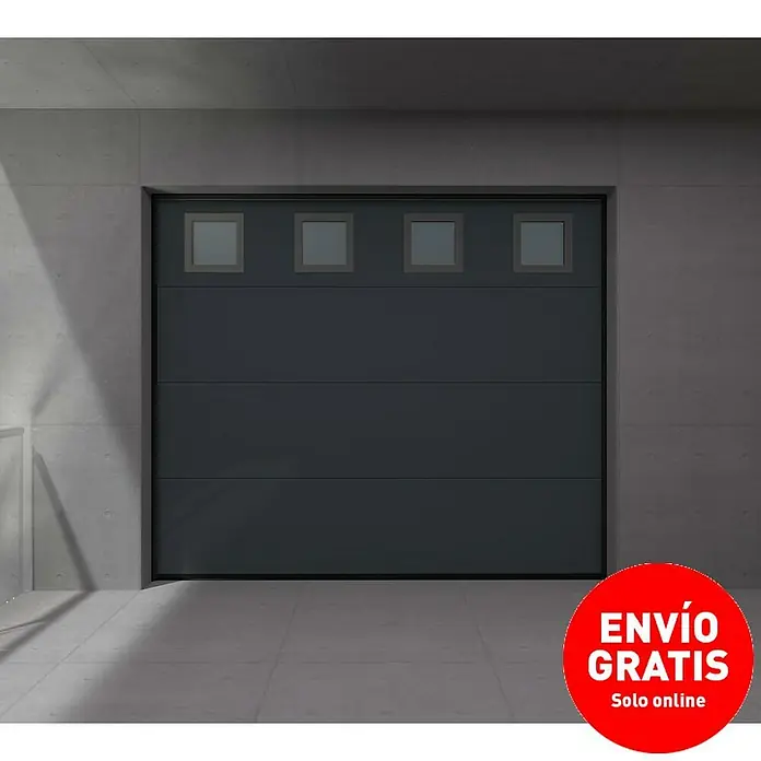 Solid Elements Puerta de garaje seccional PRO - 250 x 212,5 cm, Gris antracita, 4 ventanas horizontal - Una moderna puerta de garaje gris antracita con ventanas cuadradas en la parte superior y superficie lisa.