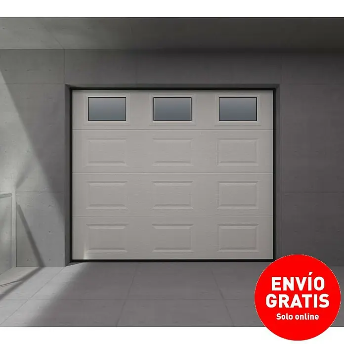 Solid Elements Puerta de garaje seccional PRO - 250 x 212,5 cm, Blanco, Cuarterón 3 ventanas horizontal - En la imagen, una puerta de garaje blanca con ventanas de diseño moderno que realza la estética de cualquier garaje.