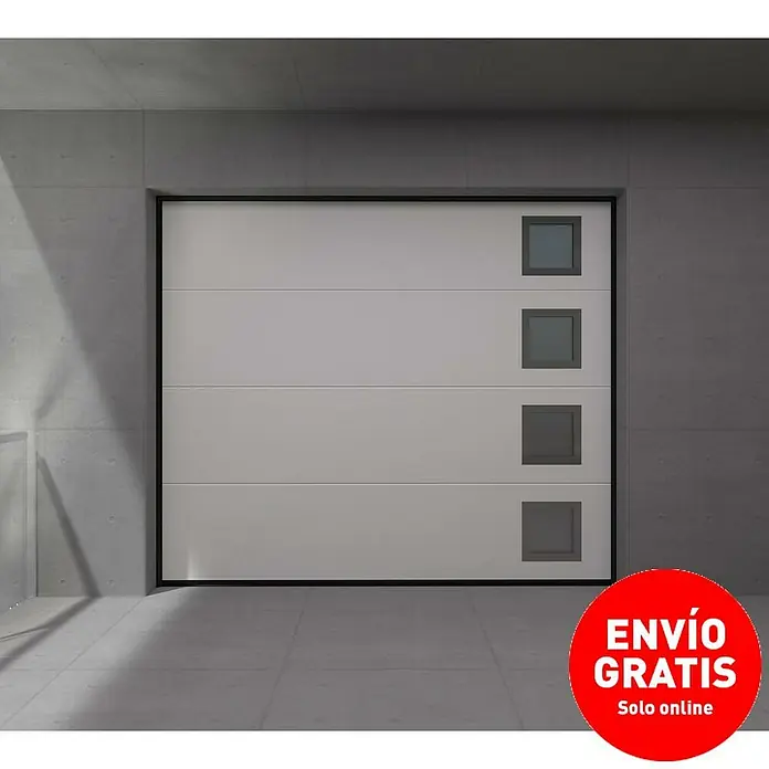 Solid Elements Puerta de garaje seccional PRO - 250 x 212,5 cm, Blanco, 4 ventanas verticales - Moderna puerta de garaje en gris con cuatro ventanas cuadradas. Combinación perfecta de estilo y funcionalidad.