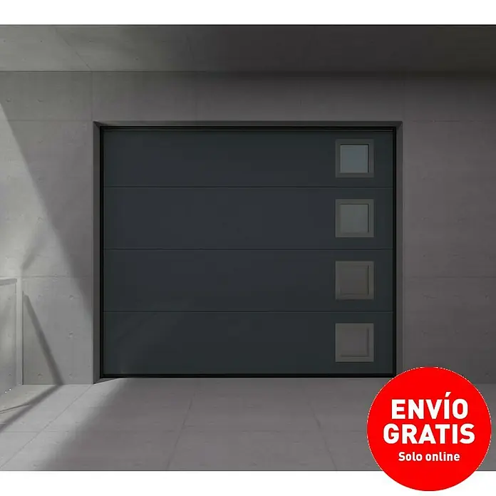 Solid Elements Puerta de garaje seccional PRO - 250 x 212,5 cm, Gris antracita, 4 ventanas verticales - Una puerta de garaje moderna con cuatro ventanas con un diseño elegante que añade estilo a tu hogar.