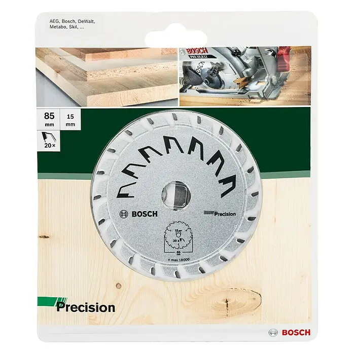 Bosch Kreissägeblatt - 85 mm, Anzahl Zähne: 20 Stk., Passend für: Bosch Mini-Handkreissäge PKS 10,8 - Produktbild einer Bosch Kreissägeblatt "Precision" mit den Maßen 85 mm x 15 mm, ideal für präzise Holzschnitte mit einer maximalen Drehzahl von 18000 U/min.
