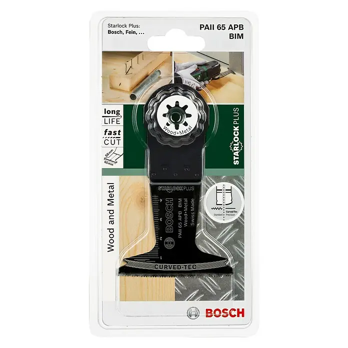 Bosch Tauchsägeblatt Wood and Metal PAII 65 APB - Geeignet für: Holz, 50 x 65 mm, STARLOCK-Plus-System - Bild einer Bosch PAll 65 APB BIM Starlock Plus Sägeblatt-Verpackung für Holz und Metall.