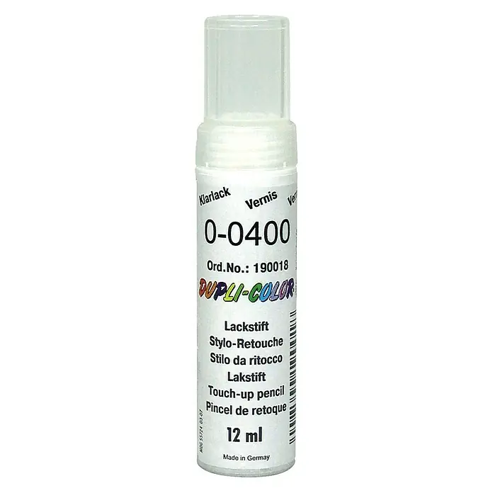 Dupli-Color Klarlack-Stift - Farblos, Glänzend, 12 ml - Klarlack-Lackstift von DUPLI-COLOR mit der Nummer 0-0400 und einem Inhalt von 12 ml, hergestellt in Deutschland für präzise Lackausbesserungen.