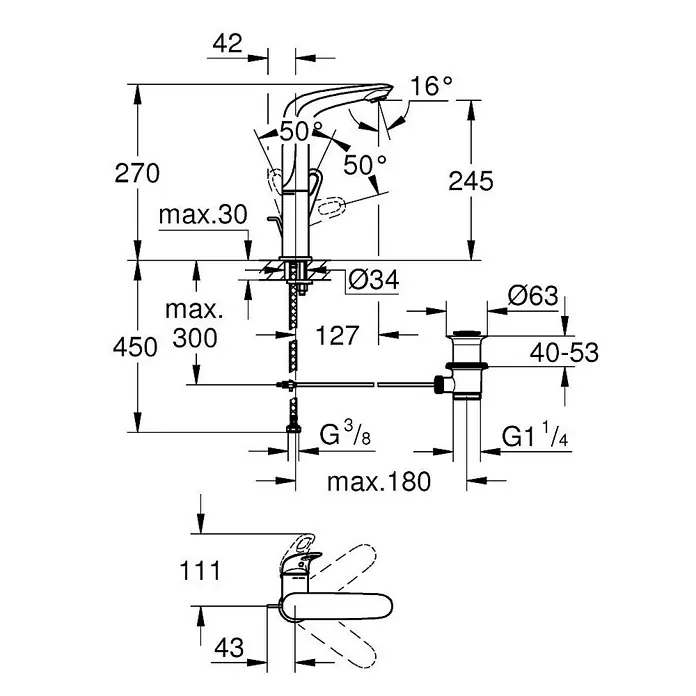 Grohe Eurostyle Waschtischarmatur L-Size - Chrom, Glänzend - Bild einer technischen Zeichnung eines Wasserhahns mit verschiedenen Maßen und Winkeln.