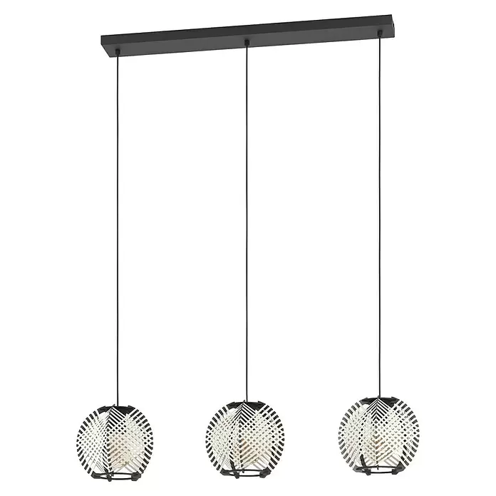 Eglo LED-Pendelleuchte Waverton - E27, Leistung je Leuchtmittel: 40 W, Anzahl Leuchtmittel: 3 Stk. - Dreiflammige Pendelleuchte mit schwarzem rechteckigem Baldachin und drei kugelförmigen Schirmen mit schwarzen Rahmen und weißen Flechtelementen.