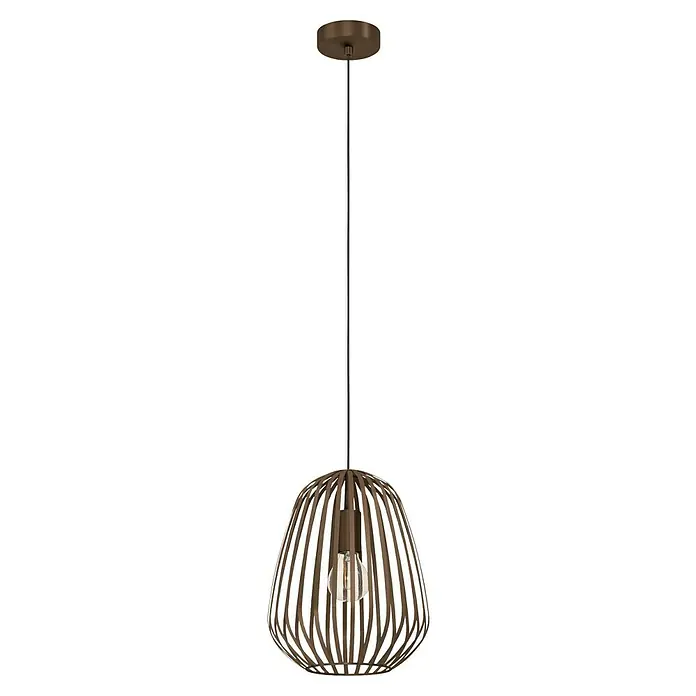 Eglo Lámpara colgante Espinal - E27, Ancho: 28 cm, Potencia por luz: 40 W - Primer plano de una lámpara colgante con pantalla de madera marrón y bombilla Edison sobre un fondo negro.