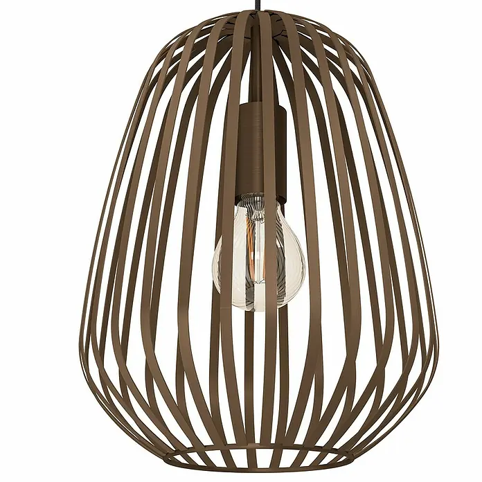 Eglo Lámpara colgante Espinal - E27, Ancho: 28 cm, Potencia por luz: 40 W - Primer plano de una lámpara colgante con una pantalla abierta decorativa en color marrón y una bombilla Edison.