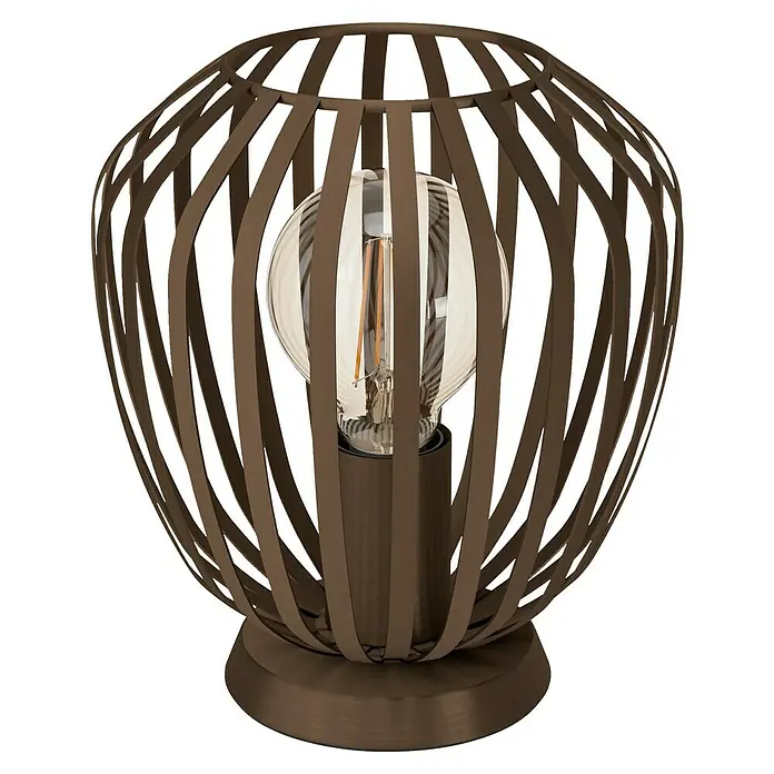 Eglo Lámpara de sobremesa Espinal - E27, Ancho: 19,5 cm, Potencia por luz: 40 W - Primer plano de una lámpara de mesa decorativa con pantalla de tiras de metal y bombilla en el interior.