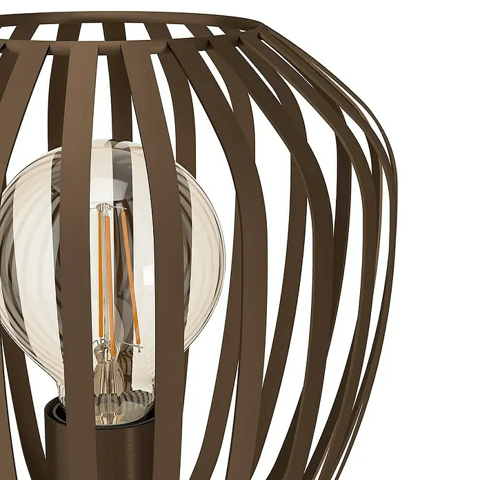 Eglo Lámpara de sobremesa Espinal - E27, Ancho: 19,5 cm, Potencia por luz: 40 W - Primer plano de una lámpara de jaula marrón moderna con una bombilla Edison que emite una luz cálida.\n
