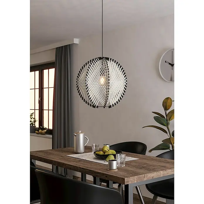 Eglo LED-Pendelleuchte Waverton - E27, Leistung je Leuchtmittel: 40 W, Anzahl Leuchtmittel: 1 Stk. - Moderne Pendelleuchte mit einem kugelförmigen, schwarz-weißem Design über einem Esstisch.