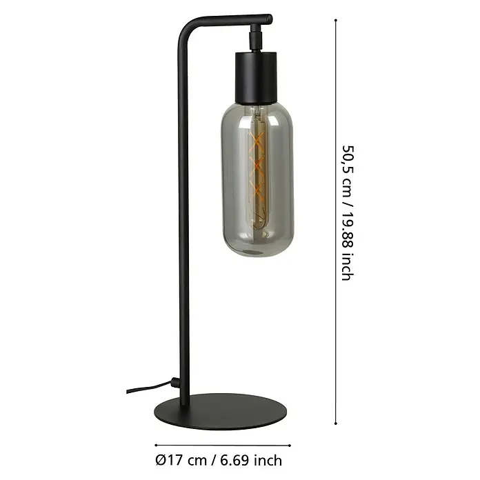 Eglo LED-Tischleuchte Maione - L x B x H: 17 x 9 x 50,5 cm, E27, Leistung je Leuchtmittel: 4 W - Eine moderne, schwarze Tischleuchte mit einer länglichen, rauchfarbenen Glühbirne und Größenangaben.