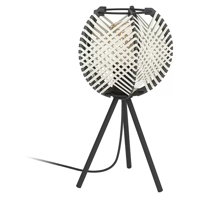 Eglo LED-Tischleuchte Waverton - L x B x H: 40 x 22 x 40 cm, E27, Leistung je Leuchtmittel: 40 W - Runde geflochtene Tischlampe mit dunkelgrauem Dreibein-Fuß, weißem und grauem Schirm, sichtbarer Glühbirne und dunkelgrauem Kabel.