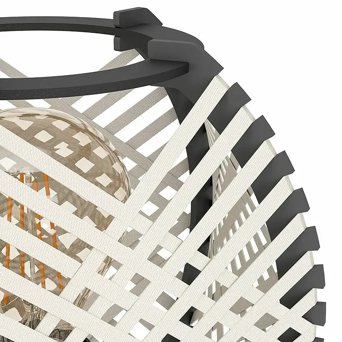 Eglo LED-Tischleuchte Waverton - L x B x H: 40 x 22 x 40 cm, E27, Leistung je Leuchtmittel: 40 W - Nahaufnahme einer Korblampe mit einer Glühbirne, die ein warmes Licht ausstrahlt, umhüllt von einem kunstvollen, modernen Design.