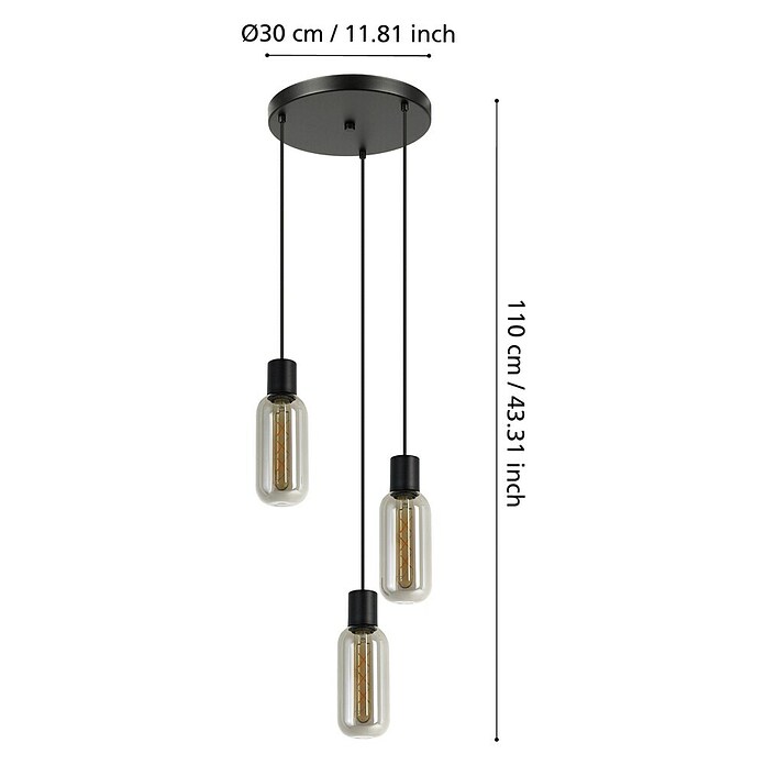 Eglo Hanglamp Maione 3-lichts Rookglas (Zwart, E27, Vermogen per lichtbron: 4 W, b x l: 30 x 30 cm) | BAUHAUS