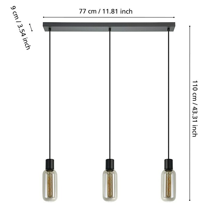 Eglo Hanglamp Maione 3-lichts Rookglas (Zwart, E27, Vermogen per lichtbron: 4 W, b x l: 9 x 77 cm) | BAUHAUS
