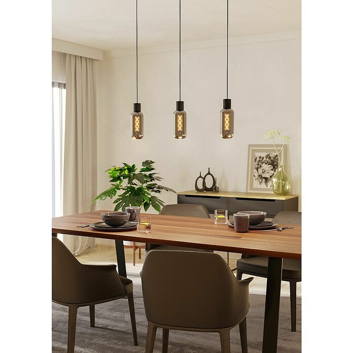 Eglo Hanglamp Maione 3-lichts Rookglas (Zwart, E27, Vermogen per lichtbron: 4 W, b x l: 9 x 77 cm) | BAUHAUS