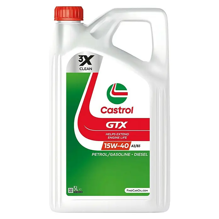 Castrol Mehrbereichsöl GTX - 15W-40, A3/B3, 5.000 ml - Abbildung eines 5L Kanisters Castrol GTX 15W-40 Motoröl, der für Benzin-, Dieselmotoren geeignet ist und eine 3-fache Reinigung bietet.