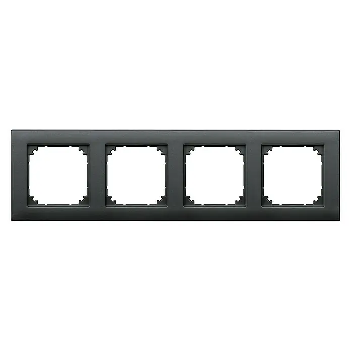 Merten M-Plan Abdeckrahmen 486414 - Anthrazit matt, 4-fach, Kunststoff - Ein eleganter, schwarzer Vierfach-Rahmen für Lichtschalter und Steckdosen. Das Produkt besticht durch sein schlichtes Design und die hochwertige Verarbeitung.